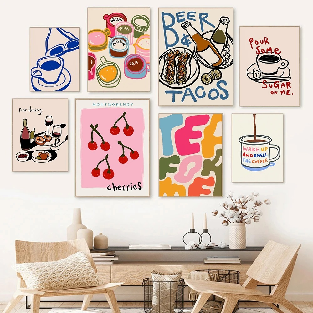 Coffee Tea Poster - Café après-midi thé Croissant coloré tasse