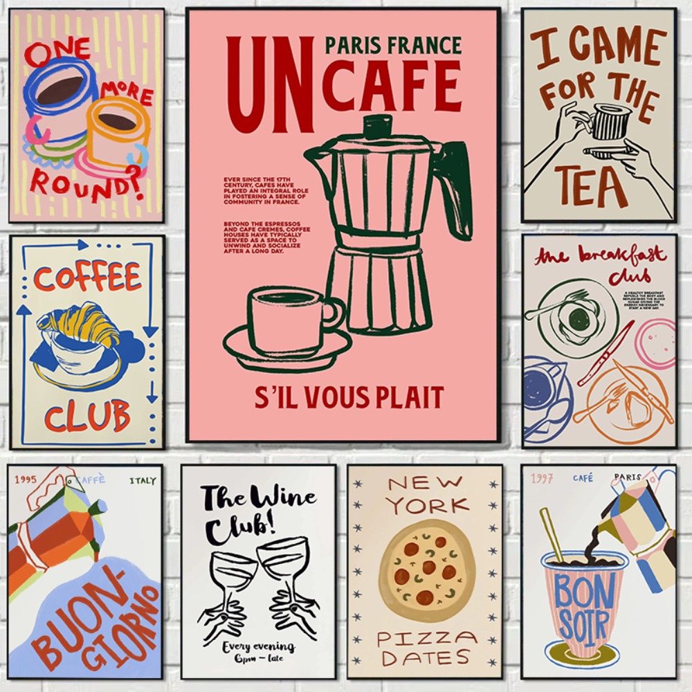 Coffee Tea Poster - Café après-midi thé Croissant coloré tasse